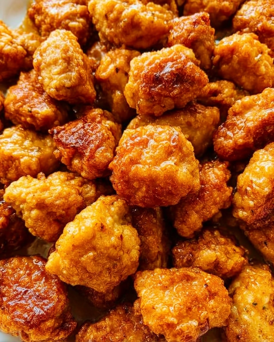 The image shows many small, golden-brown fried chicken pieces tightly packed together, each with a crispy texture and some darker browned spots, indicating they are cooked well. The surface of the chicken pieces has a slightly shiny, oily glaze. There is no visible plate or background other than a white marbled texture. Photo taken with an iphone --ar 4:5 --v 7