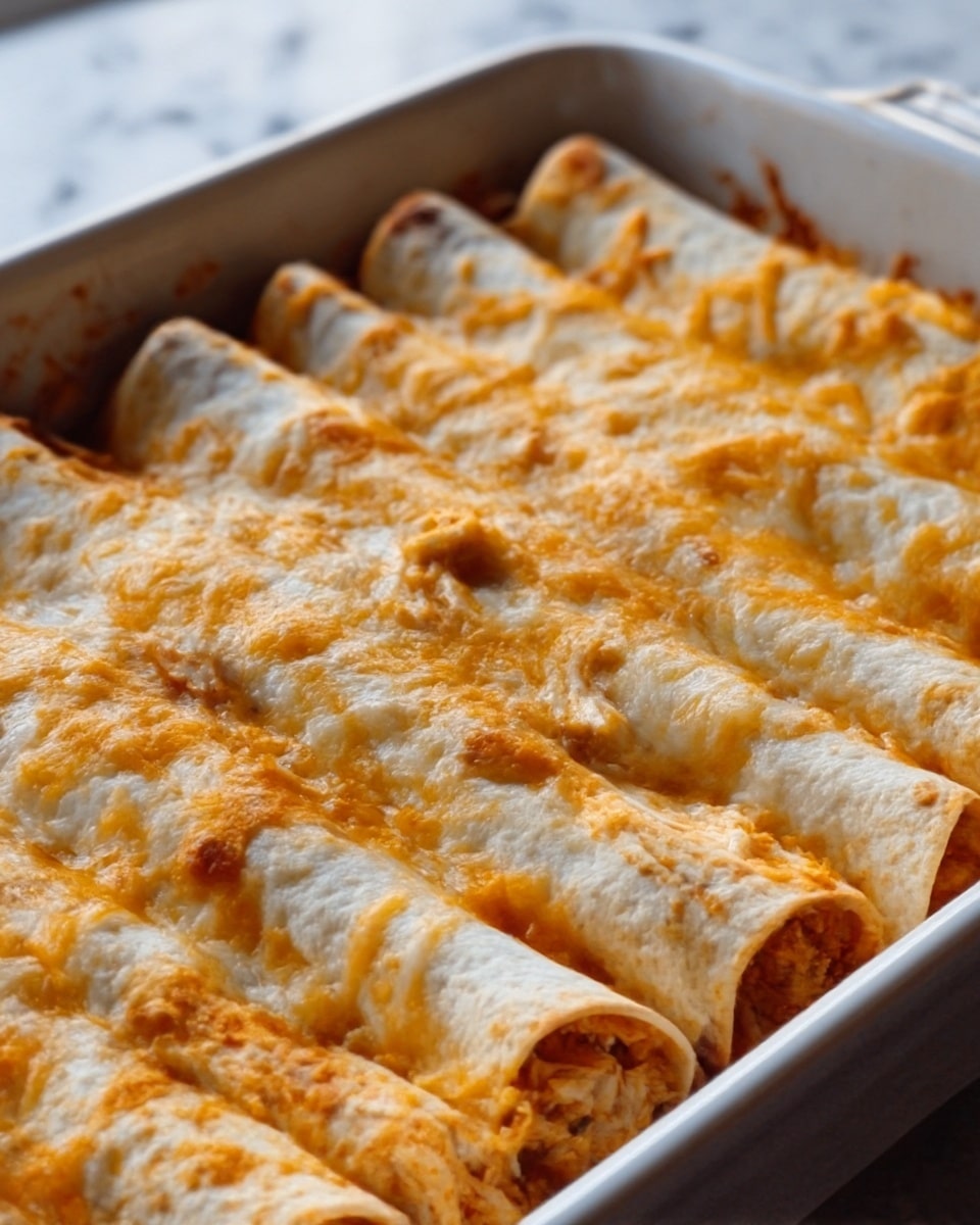 The image shows a close-up of a white rectangular dish filled with rolled enchiladas tightly packed side by side in one layer. Each enchilada is covered in a melted golden cheese layer with slightly browned spots, giving a gooey and textured appearance. The tortillas are soft and lightly browned with visible shredded chicken inside. The dish is placed on a white marbled surface, creating a clean and bright background. Photo taken with an iphone --ar 4:5 --v 7