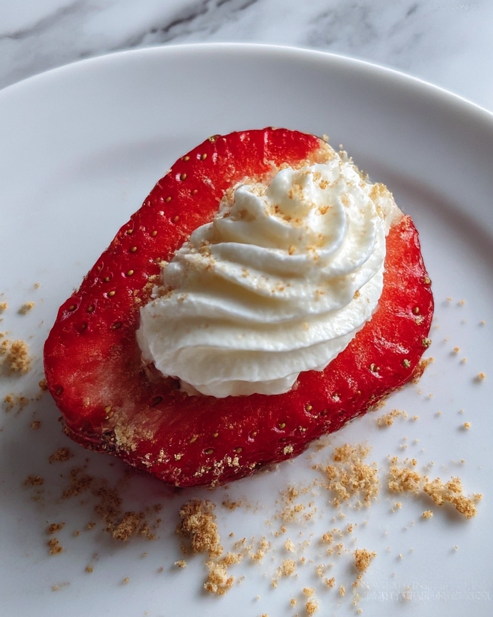A single half of a bright red strawberry with visible seeds lies flat on a white plate, topped with a dollop of creamy white whipped cream in a swirled shape. Light brown crumbs are sprinkled over the whipped cream, the strawberry, and the plate surface around it. The background shows a soft white marbled texture. photo taken with an iphone --ar 4:5 --v 7