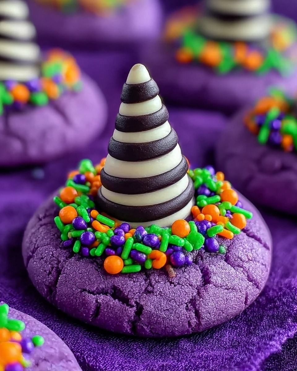 The image shows a close-up of a purple cookie with a cracked texture on the surface, topped with a ring of small orange, green, and purple sprinkles around the center. At the middle, there is a black and white striped cone-shaped candy sitting upright. The cookie is on a purple cloth with more identical cookies visible blurred in the background. photo taken with an iphone --ar 4:5 --v 7
