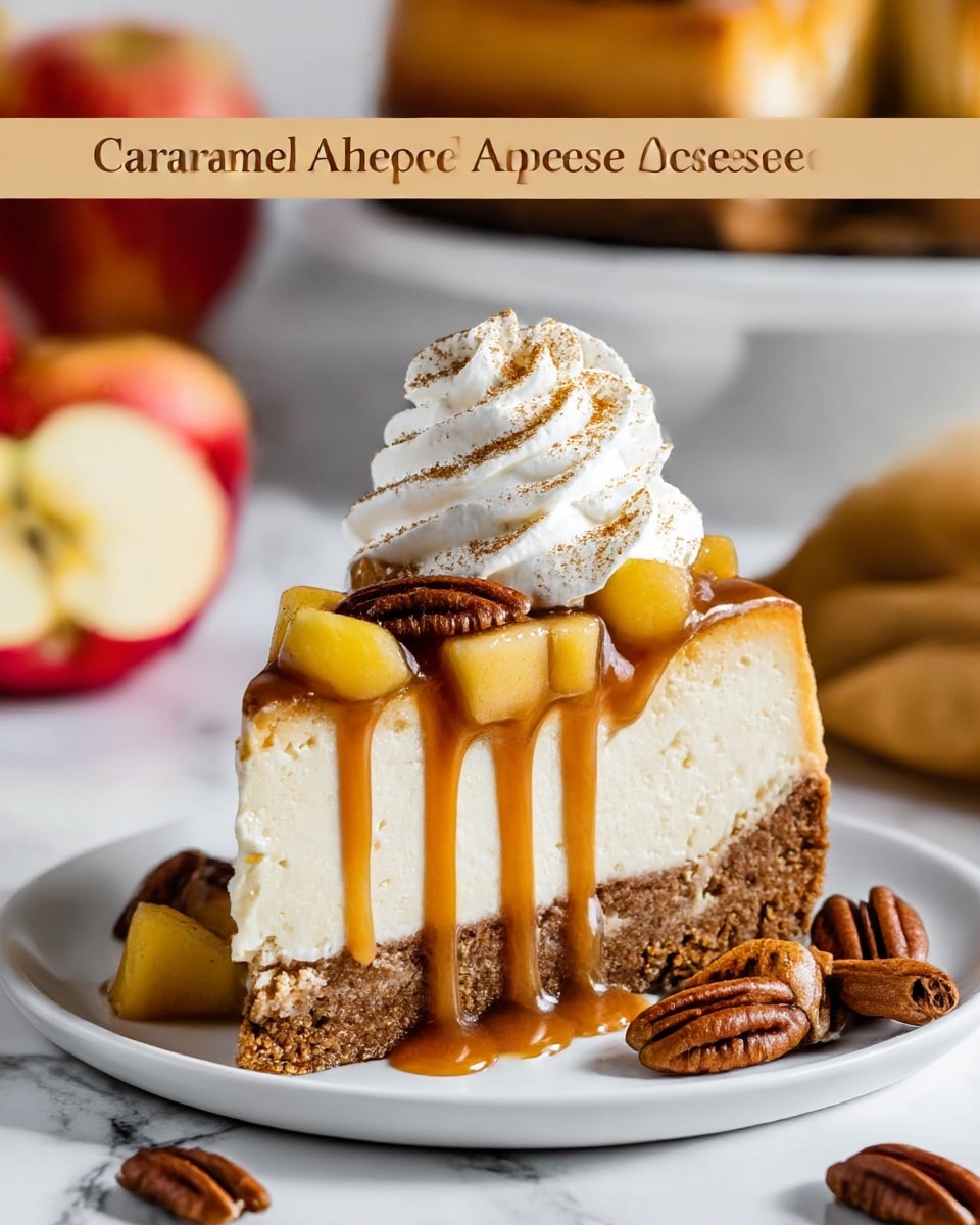 A slice of caramel apple cheesecake is shown on a white plate with a white marbled texture background. The cheesecake has three layers: a crumbly brown crust at the bottom, a thick creamy pale beige cheesecake middle layer, and a glossy caramel sauce dripping down the sides from the top. On the top layer, there are several shiny caramel apple chunks, a curled pecan, and a generous swirl of white whipped cream dusted lightly with cinnamon. In the background, part of the whole cheesecake with a similar topping and cut apples can also be seen, along with cinnamon sticks and scattered pecans around the plate. Photo taken with an iphone --ar 4:5 --v 7