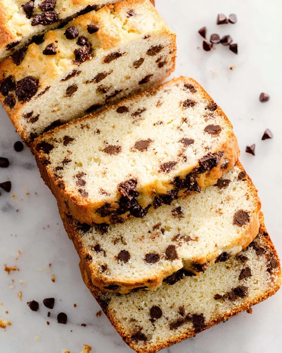 A close-up view of several slices of chocolate chip bread arranged in a loose stack. The bread has a light golden brown crust with soft, creamy beige interior filled evenly with small to medium-sized dark chocolate chips. The texture looks moist and crumbly, with chocolate chips embedded inside and sprinkled on top. The slices are set on a white marbled surface with crumbs scattered around. photo taken with an iphone --ar 4:5 --v 7