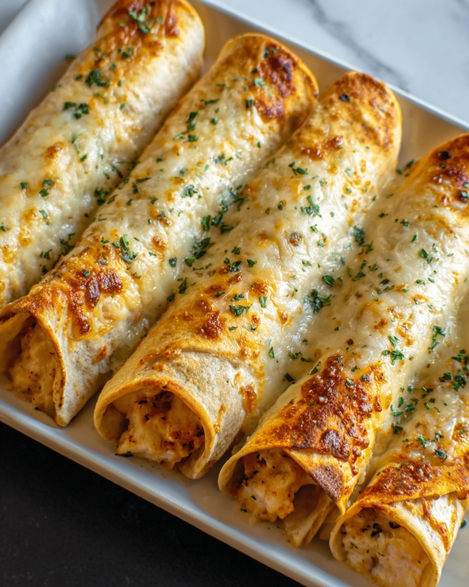 The image shows five narrow rolled tortillas placed closely side by side on a white rectangular tray. Each tortilla is covered with a golden-brown melted cheese layer that has some darker toasted spots and sprinkles of finely chopped green herbs. Inside the rolled tortillas, a creamy white filling is visible at the open ends. The tray is set on a white marbled surface. photo taken with an iphone --ar 4:5 --v 7