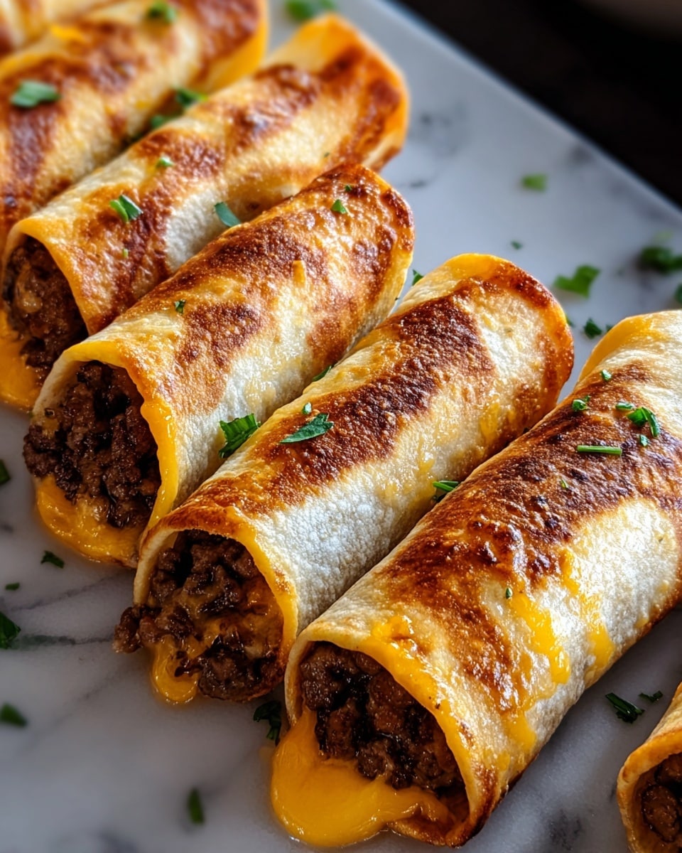 The image shows several golden brown rolled tortillas tightly wrapped around two main layers: a rich, dark brown cooked ground beef filling and a bright, melted cheddar cheese layer that oozes slightly at the ends. The outside of each roll has a crispy, evenly toasted texture with a shiny surface, and small green herb pieces are scattered around the rolls on the white marbled surface they rest on. The rolls are arranged close together in a neat line, giving a warm and appetizing look. Photo taken with an iphone --ar 4:5 --v 7