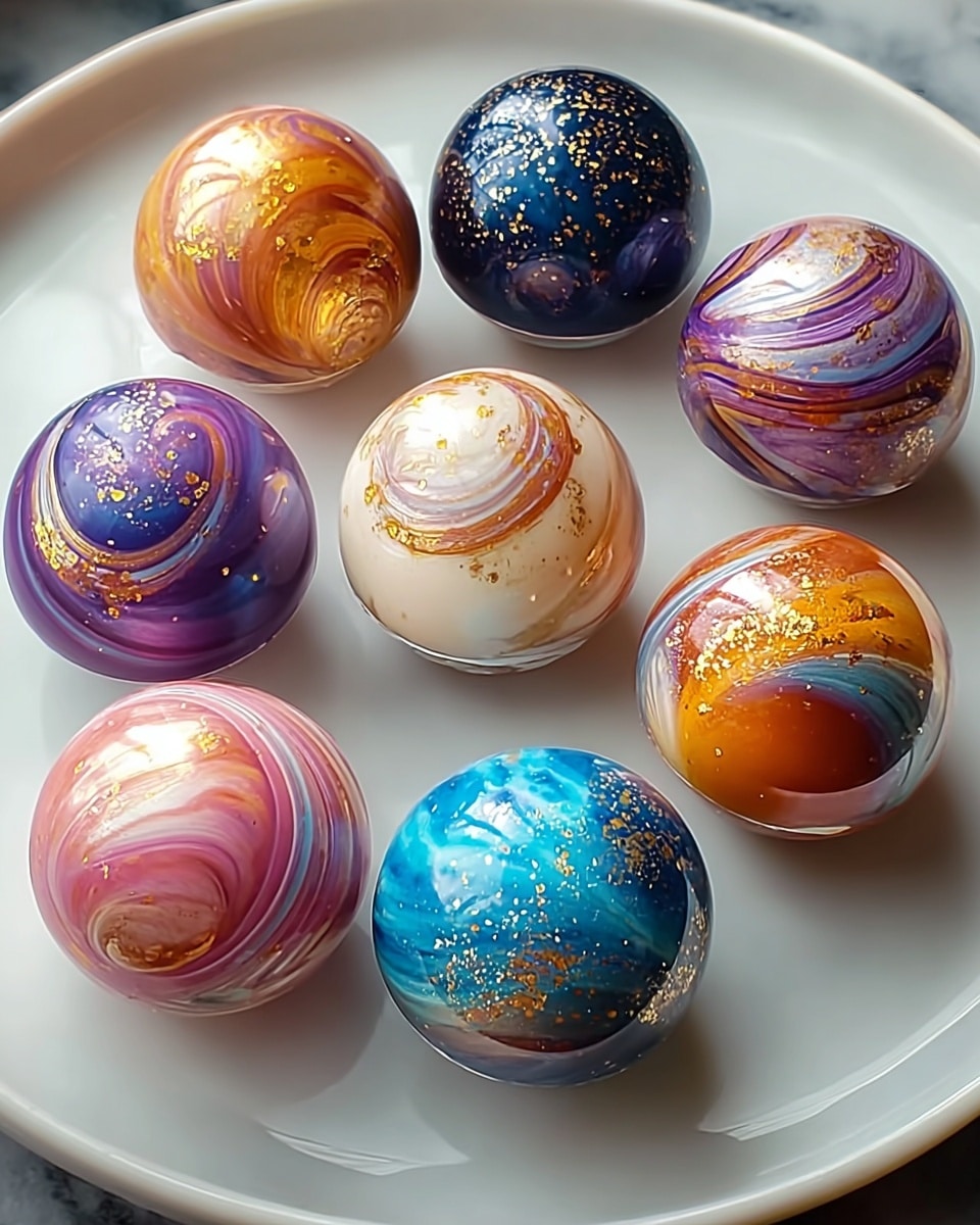 A white plate holds nine shiny, round chocolate bonbons, each with a smooth, glossy surface and colorful swirls. The bonbons have different swirl colors: orange and gold, bright purple with white, soft pink with light mauve, dark navy blue with golden speckles, a mix of purple and blue with gold glitter, turquoise and copper with white swirls, warm orange with gold, white with orange swirl, and sky blue with white swirls and gold sparks. The colors give a luxurious, rich look with a marble-like finish. The plate sits on a white marbled texture. photo taken with an iphone --ar 4:5 --v 7
