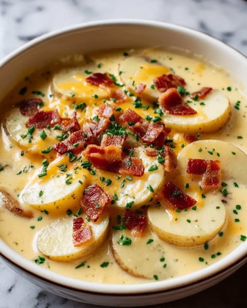 The image shows a white bowl filled with creamy potato soup topped with slices of soft yellow potatoes evenly spread on the surface. Over the potatoes, there are small crispy bits of bacon scattered lightly along with finely chopped green herbs sprinkled all over for a fresh look. Light orange melted cheese is spread thinly in patches across the soup, adding color contrast to the smooth creamy base. The bowl sits on a white marbled surface. Photo taken with an iphone --ar 4:5 --v 7
