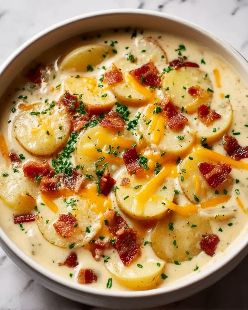 A white bowl filled with creamy soup showcasing thick, round slices of potatoes layered evenly across the top, covered by a smooth, light yellow cheese sauce. Small pieces of crispy bacon are scattered over the potatoes, adding a reddish-brown contrast, and finely chopped green herbs are sprinkled on top, giving a touch of freshness. The soup base appears rich and creamy with a slightly glossy texture, filling the bowl almost to the brim. The background is a white marbled surface. Photo taken with an iphone --ar 4:5 --v 7