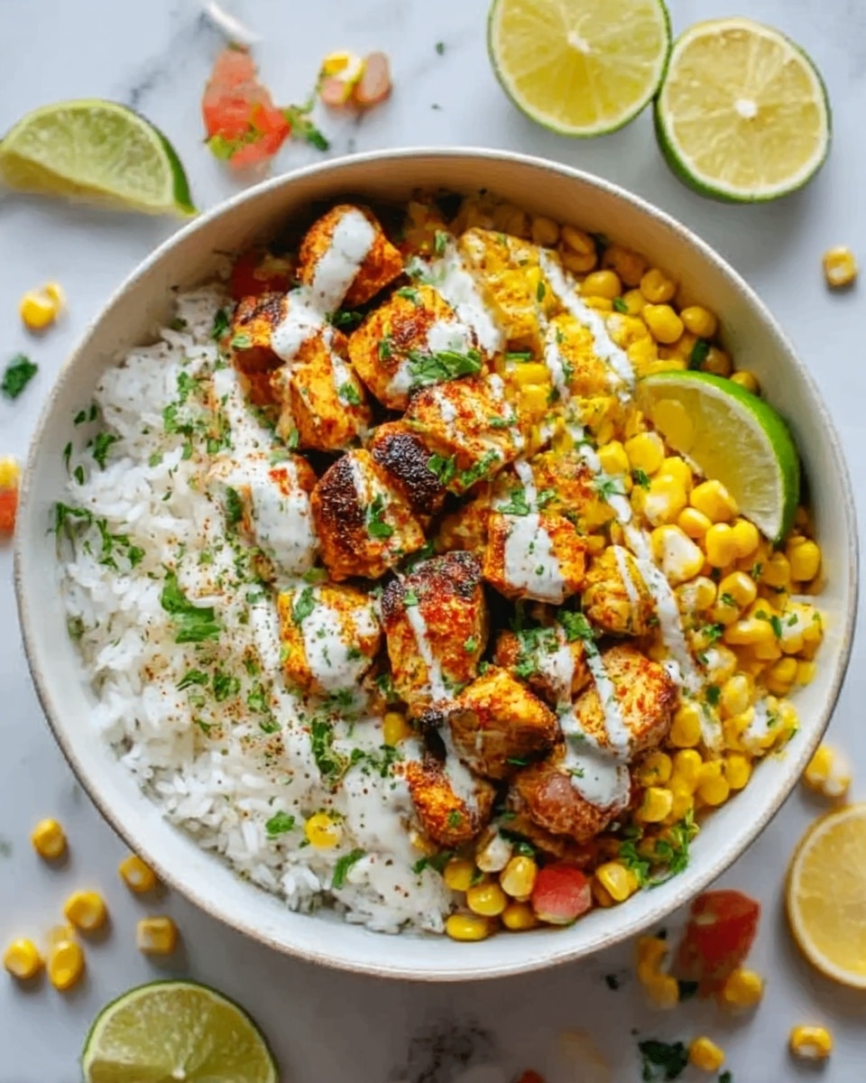 A white bowl filled with three main layers: the bottom layer is fluffy white rice, the middle layer is golden roasted corn scattered evenly, and the top layer consists of small pieces of grilled chicken with a slightly charred texture and orange-brown color. There is a drizzle of white sauce over the chicken, and sprigs of fresh green herbs sprinkled on top. Around the bowl are lime wedges and lemon pieces on a white marbled surface. The photo taken with an iphone --ar 4:5 --v 7