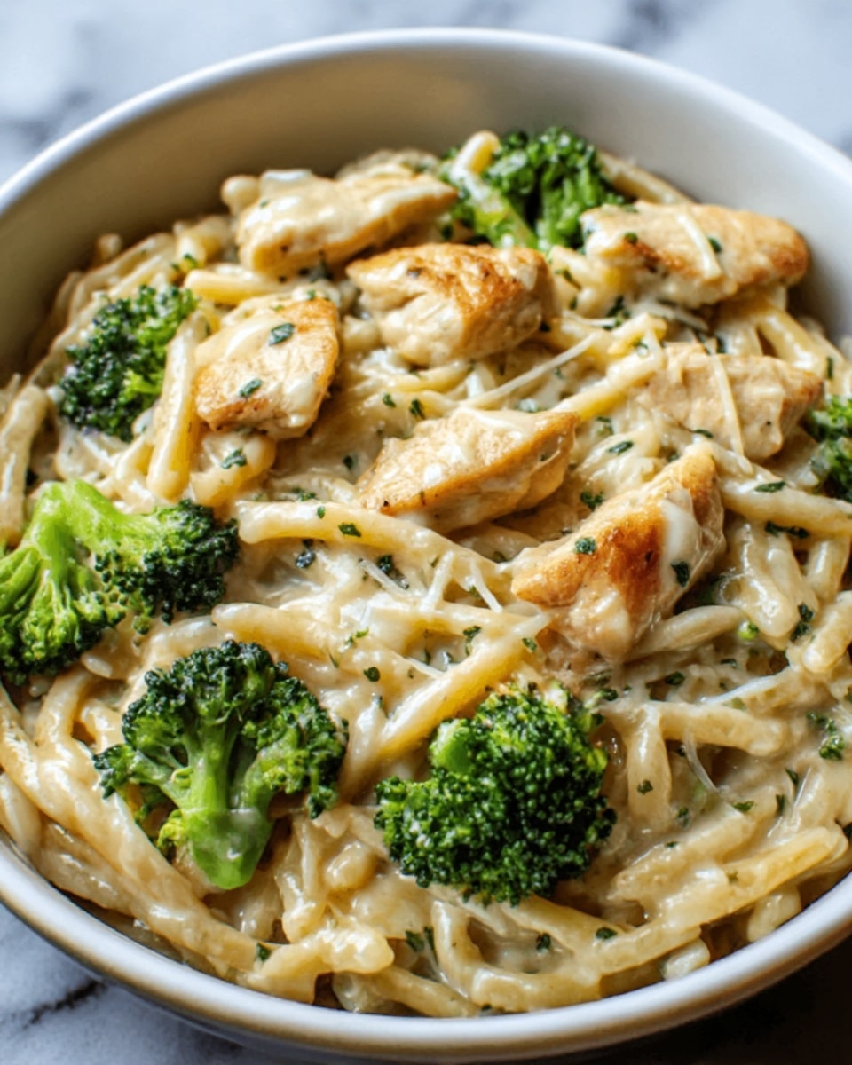 A close-up of a white bowl filled with creamy pasta and broccoli. The base layer is smooth, creamy white sauce mixed with small pasta pieces. On top of that, there are uneven pieces of cooked chicken that are light brown with some grill marks. Bright green broccoli florets are scattered throughout, adding color contrast. The dish is sprinkled lightly with chopped parsley or herbs, giving small green flecks all over. The bowl sits on a white marbled surface. Photo taken with an iphone --ar 4:5 --v 7
