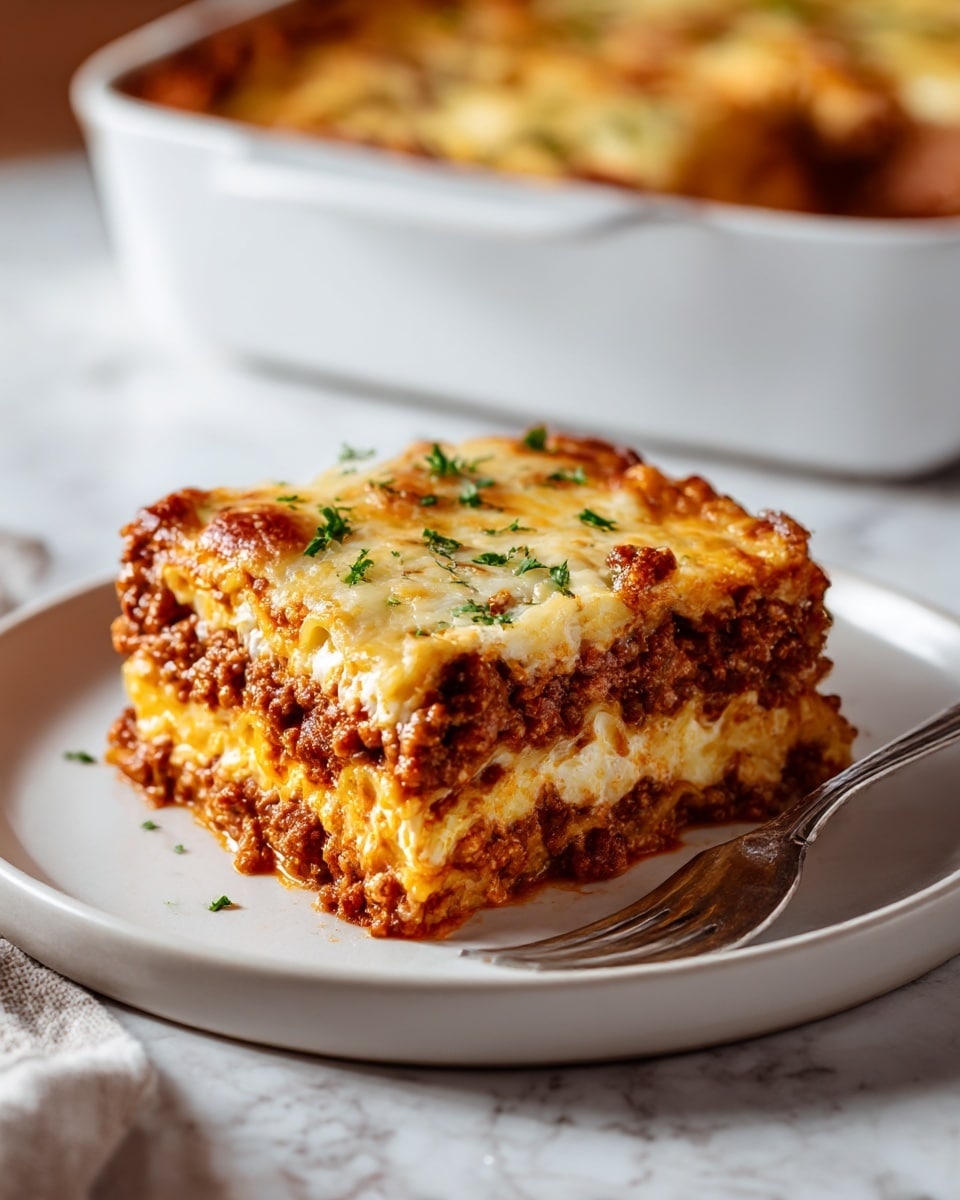 A square piece of lasagna sits on a white plate with a silver fork next to it. The lasagna has four visible layers: the bottom layer is a thick, rich brown meat sauce with ground beef, followed by a creamy, pale yellow cheese layer. Above this is another layer of meat sauce, then thin pasta sheets, and it is topped with a bubbly, melted cheese layer that has golden brown spots and is sprinkled with chopped green herbs. In the background, a white baking dish filled with more lasagna is slightly blurred, all set on a white marbled surface. Photo taken with an iphone --ar 4:5 --v 7