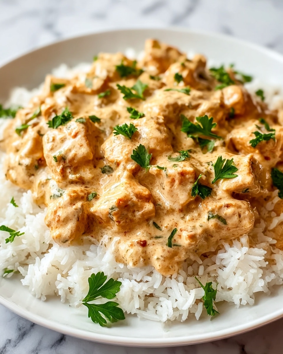 A white plate holds a bed of fluffy white rice as the base layer. On top, there is a thick creamy sauce with a light beige color that covers chunks of golden-brown cooked chicken. Bright green parsley leaves are sprinkled over the sauce, adding fresh color contrast. The texture of the sauce looks smooth and rich, while the chicken pieces appear tender with slightly crisp edges. The overall dish shows a close-up view highlighting the creamy and hearty nature of the meal. Photo taken with an iphone --ar 4:5 --v 7