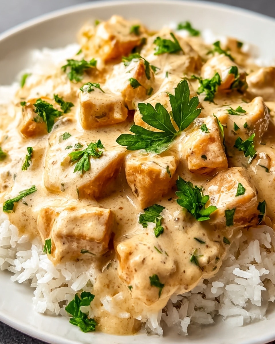 The image shows a white plate filled with a bed of fluffy white rice as the first layer. On top of the rice, there is a creamy sauce with a light tan color mixed with tender, browned pieces of chicken, creating the second layer. The sauce looks smooth and rich with some visible herbs and spices mixed in. Small green parsley leaves are scattered on top as a fresh garnish for color contrast. The background has a white marbled texture. photo taken with an iphone --ar 4:5 --v 7