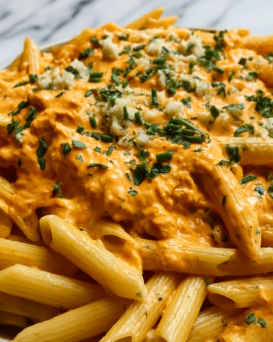 The image shows a close-up of a creamy pasta dish with about three layers of penne pasta, coated evenly in an orange sauce with a smooth texture. Small, finely chopped green herbs are scattered on top, adding a fresh contrast to the warm color of the sauce. The pasta looks soft and well mixed with the sauce, filling the frame with no plate visible. The background is a white marbled texture. Photo taken with an iphone --ar 4:5 --v 7