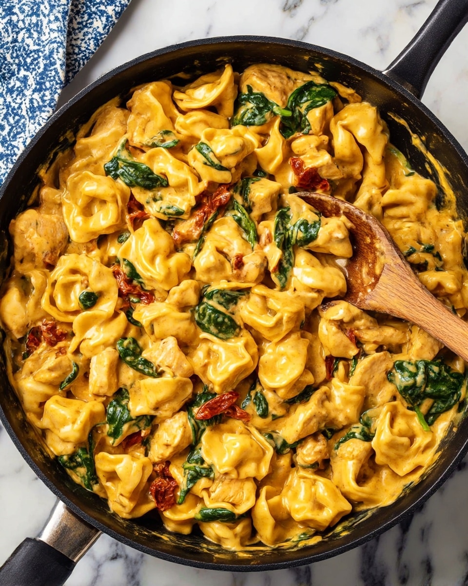 A close-up view of a black skillet filled with creamy tortellini pasta mixed with chunks of cooked chicken, wilted dark green spinach, and small pieces of sun-dried tomatoes. The tortellini are soft yellow with a shiny, smooth texture, coated in a rich, orange-tan creamy sauce. The chicken pieces are light brown, tender, and chunky, blending with the pasta and vegetables. A wooden spoon is partially resting inside the skillet, slightly lifting some of the pasta and chicken. The skillet sits on a white marbled surface with a small part of a blue and white patterned cloth visible at the top left corner. photo taken with an iphone --ar 4:5 --v 7