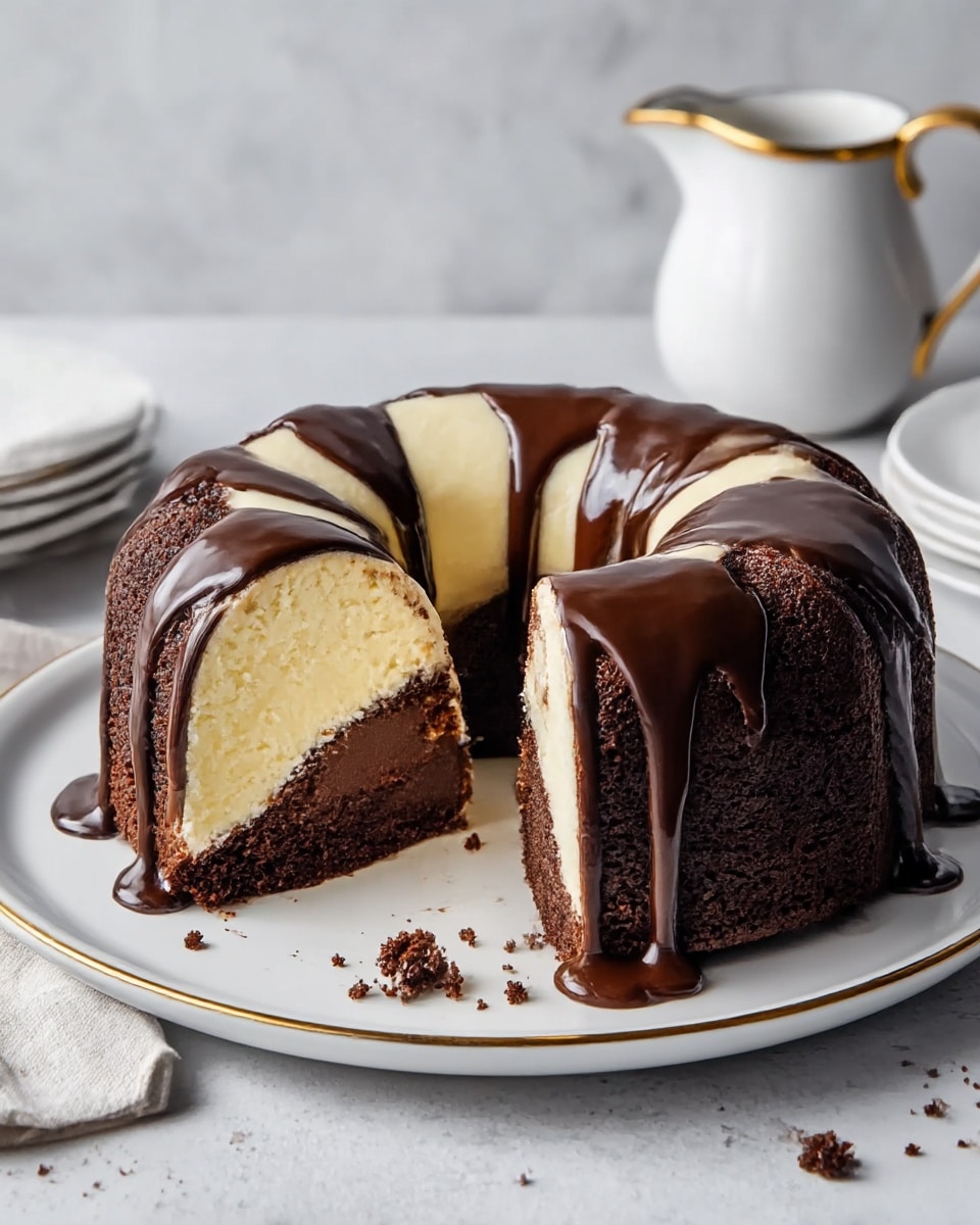 The image shows a round, three-layered cake with a hole in the middle, placed on a white plate with a thin gold rim. The bottom layer is dark brown, moist chocolate cake with a dense texture. Above it is a thick, smooth, cream-colored cheesecake layer that extends up and into the middle hole. The top layer is a thin dark brown cake crust that curves around the hole. Glossy dark chocolate sauce is drizzled over the top and sides, flowing down unevenly with some drips reaching the plate. Crumbs from the cake are scattered near the cut slice, which reveals the layers inside clearly. The setting is on a white marbled surface with a silver fork on a beige cloth to the left and a white pitcher with gold trim in the background. photo taken with an iphone --ar 4:5 --v 7