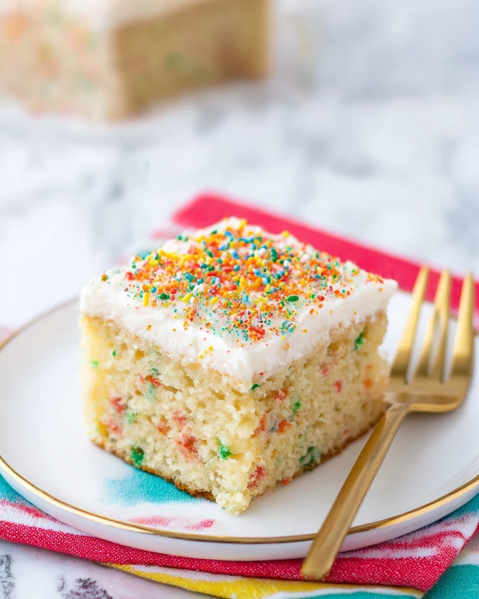 The image shows a close-up of a square piece of funfetti cake on a white plate with a gold rim. The cake has two layers: the bottom layer is a light yellow, moist cake speckled with small colorful funfetti bits, and the top layer is a thick, creamy white frosting dotted with tiny colorful sprinkles. The cake is placed on a striped cloth with colors like red, green, yellow, blue, and pink, and a gold fork is visible on the right side of the plate. The background shows a white marbled texture. photo taken with an iphone --ar 4:5 --v 7