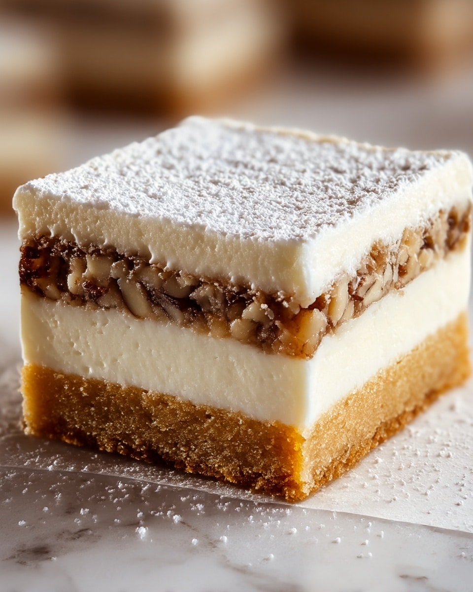 A close-up of a square dessert with four visible layers sitting on a white marbled surface. The bottom layer is a thick, crumbly, golden-brown crust. Above this is a smooth, thick, creamy white layer. The third layer is a textured, nutty brown filling that looks crunchy and moist. The top layer is a fluffy, white whipped cream layer, dusted with fine cocoa powder and powdered sugar, giving a soft, powdered effect. The edges are sharp and clean, showing each layer clearly. photo taken with an iphone --ar 4:5 --v 7