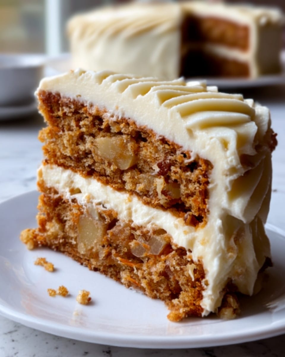 A close-up of a slice of carrot cake on a white plate, placed on a white marbled surface. The cake has three main layers: the bottom layer is a dense, moist cake with visible chunks of carrot and small nuts, the middle layer is thick and creamy white frosting, and the top layer is another slice of moist carrot cake similar to the bottom. The entire slice is covered with a thick layer of smooth, creamy white frosting on top, decorated with swirled frosting peaks. The background is softly blurred with warm tones. Photo taken with an iphone --ar 4:5 --v 7