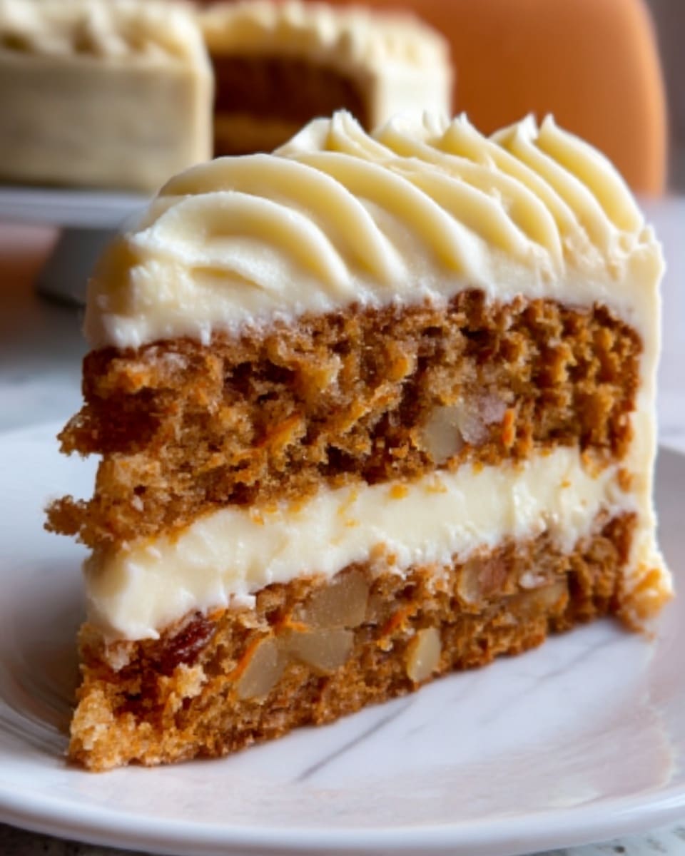 A close-up of a slice of carrot cake with two thick layers of moist, light brown cake filled with chunks of carrot and nuts. Between the layers is a creamy, smooth white frosting, and the top of the cake is covered with a thicker, swirled layer of the same frosting, creating a textured pattern. The cake slice sits on a white plate, placed on a white marbled surface with a blurred background, showing soft natural light. Photo taken with an iphone --ar 4:5 --v 7