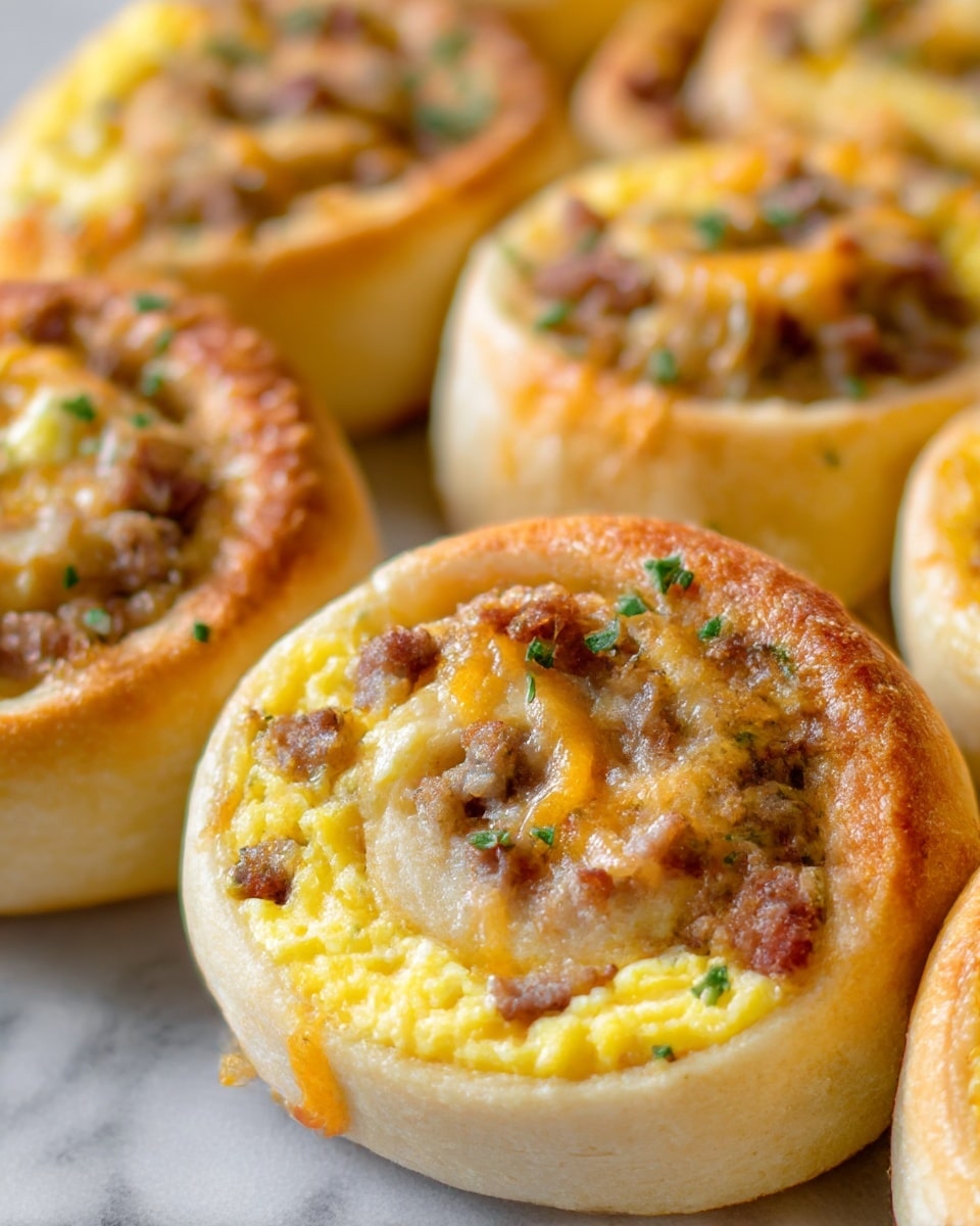 The image shows close-up views of multiple breakfast rolls arranged closely together, each with three visible layers: the bottom layer is soft, golden-brown dough, the middle layer is a mix of cooked ground meat with some crispy bits and melted cheddar cheese in shades of orange, and the top layer is scrambled eggs in bright yellow pieces sprinkled with finely chopped green herbs, adding color contrast. The rolls have a spiral shape with the ingredients tightly wrapped inside, and the texture of the bread looks soft and slightly fluffy. The background is a white marbled surface, enhancing the warm colors of the rolls. photo taken with an iphone --ar 4:5 --v 7