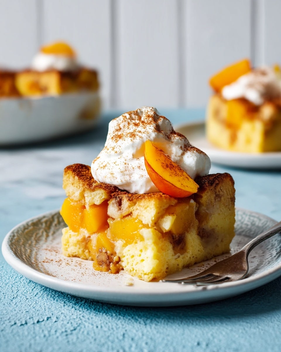 A thick square piece of bread pudding sits on a white plate, showing a soft, pale yellow interior with chunks of browned bread and small pieces of orange fruit mixed inside. On top, there is a swirl of white whipped cream dusted with brown cinnamon powder, and small pieces of bright orange fruit rest on the cream and pudding. The plate rests on a white marbled surface, with another similar plate blurred in the background. Photo taken with an iphone --ar 4:5 --v 7