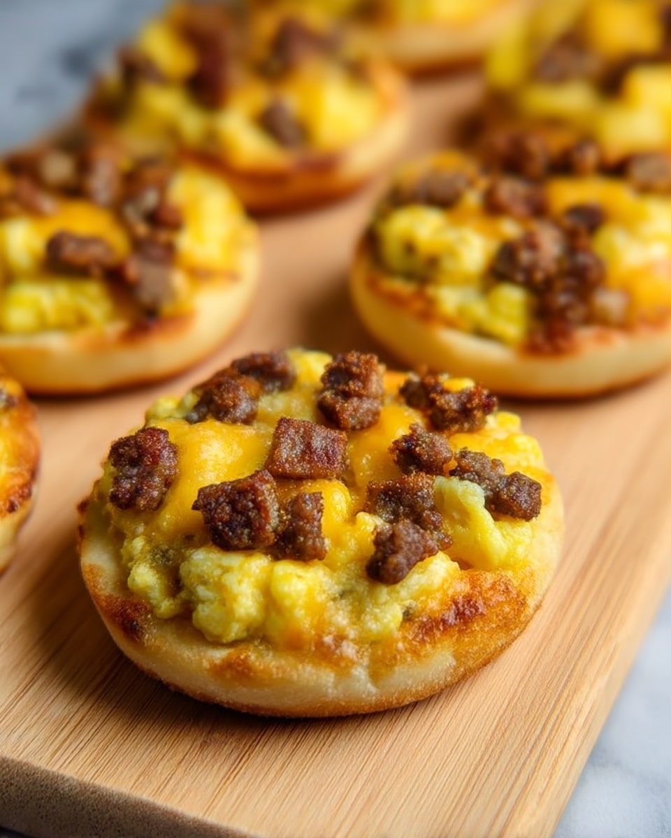 The image shows four mini pizzas on a light wood board placed on a white marbled surface. Each pizza has a golden-brown crust as the bottom layer, topped with a layer of scrambled eggs that are yellow and fluffy. On top of the eggs, there is a layer of melted cheese that is white with some orange spots from browning. Small browned crumbles of cooked ground meat are scattered on the very top of each mini pizza. The focus is on the front left pizza, showing the textures clearly. photo taken with an iphone --ar 4:5 --v 7