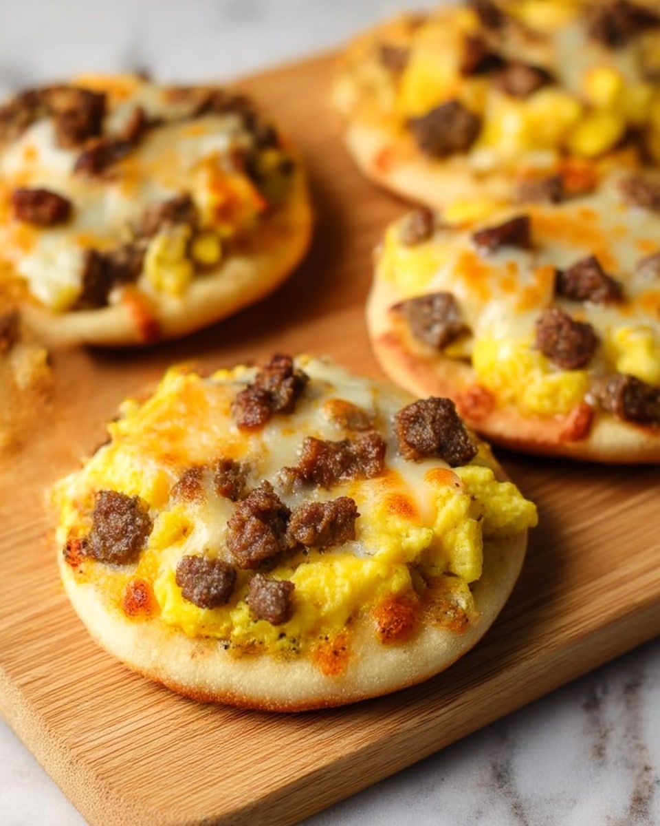 The image shows small round mini pizzas placed on a light wooden board over a white marbled surface. Each pizza has three layers: the bottom layer is a golden-brown crust with a slightly crispy texture, the middle layer consists of melted yellow scrambled eggs that look soft and fluffy, and the top layer is scattered with small chunks of browned sausage meat that add a rough, crumbly texture. The mini pizzas are arranged in a slightly spread-out pattern, with the focus on the nearest pizza showing clear details of the toppings. photo taken with an iphone --ar 4:5 --v 7