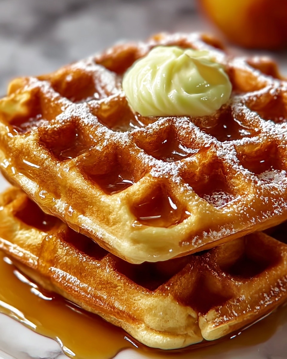 A close-up image shows two golden-brown waffles stacked on a white plate, each waffle having a thick, slightly crispy texture with deep square indentations. The top waffle is covered with a shiny layer of amber syrup that fills the squares and drips slightly over the edges. A few small white butter pats sit in the center of the top waffle, melting slowly into the warm syrup. The background has a soft focus with blurred shapes and a white marbled texture surface under the plate. photo taken with an iphone --ar 4:5 --v 7