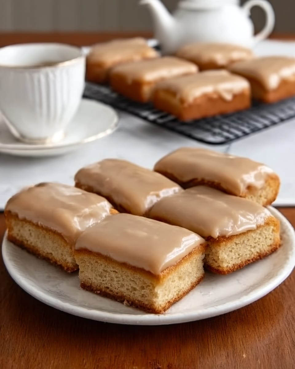 A white plate with a grey floral pattern is filled with seven square pastry pieces, each topped with a smooth, light tan icing that covers the entire surface. The pastries have a golden brown base visible along the edges, showing a soft, slightly textured dough underneath the icing. The plate is set on a warm wooden table, and in the background, there is a white teapot with a floral design, a white cup filled with a dark beverage, and a cooling rack holding more pastries. The overall scene is cozy and inviting, with natural light highlighting the shiny, glossy icing. Photo taken with an iphone --ar 4:5 --v 7