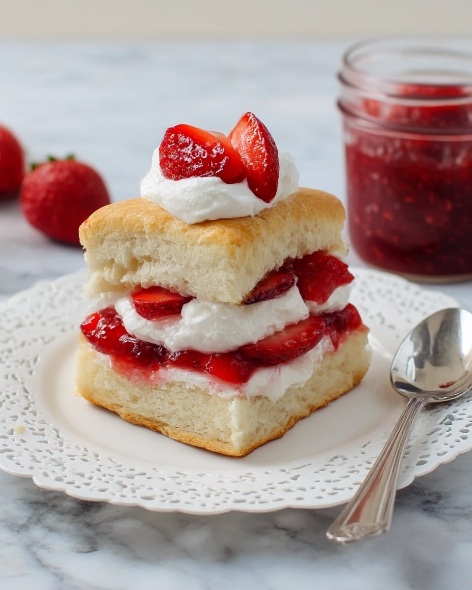 A thick biscuit cut in half serves as the base and top layers, showing a light golden brown crust with a soft, fluffy white interior. Between the biscuit halves, there is a middle layer of bright red strawberry jam soaked slightly into the bread, topped with a thick layer of white whipped cream mixed with sliced strawberries. More white whipped cream is spread on top of the biscuit, finished with four glossy red strawberry slices arranged neatly. The biscuit sits on a white plate with a decorative lace-like edge, placed on a light-colored wooden surface, and a silver spoon rests beside the plate. A small, clear jar filled with chunky strawberry jam is visible in the background on the right. photo taken with an iphone --ar 4:5 --v 7