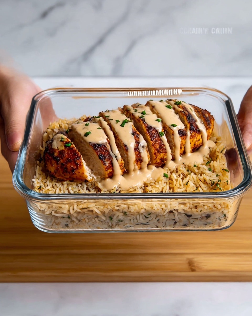 The image shows a meal in a clear rectangular glass container held by two woman's hands on a white marbled surface. The container has two layers: the bottom layer is a bed of orange-tinted rice with green herb pieces mixed in, and the top layer is a thick grilled chicken breast cut into slices with a dark brown crispy crust. The chicken is covered with a creamy light beige sauce drizzled over it, with some green herbs sprinkled on top. The overall look is warm and appetizing, with strong color contrasts between the rice, chicken, and sauce. photo taken with an iphone --ar 4:5 --v 7