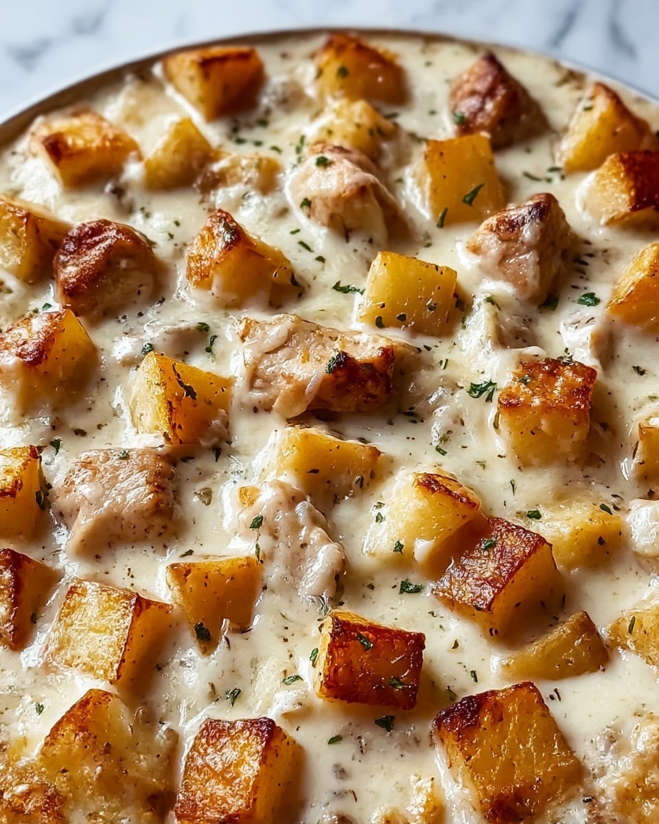 The image shows a close-up of a creamy dish with several thick cubes of roasted potatoes and pieces of chicken. The potatoes have a golden brown crisp on their edges while the chicken pieces are browned and tender. All ingredients are covered in a rich, white creamy sauce that looks smooth and slightly shiny. There are small bits of green herbs sprinkled on top, adding a touch of color. The surface under the dish is a white marbled texture. photo taken with an iphone --ar 4:5 --v 7