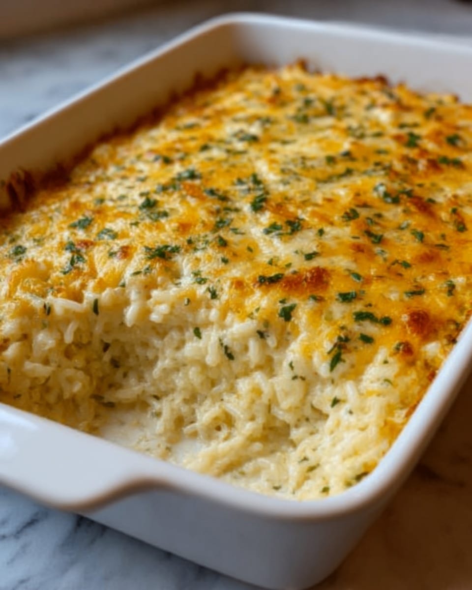 A white rectangular baking dish is filled with a layered casserole featuring a top layer of melted golden cheddar cheese mixed with small browned spots and sprinkled with finely chopped green herbs. Below the cheese, visible with a spoon scoop taken out, is a creamy, light beige rice mixture with a soft and slightly sticky texture. The dish rests on a white marbled surface, and a woman's hand is holding the scoop in the dish, ready to serve. photo taken with an iphone --ar 4:5 --v 7