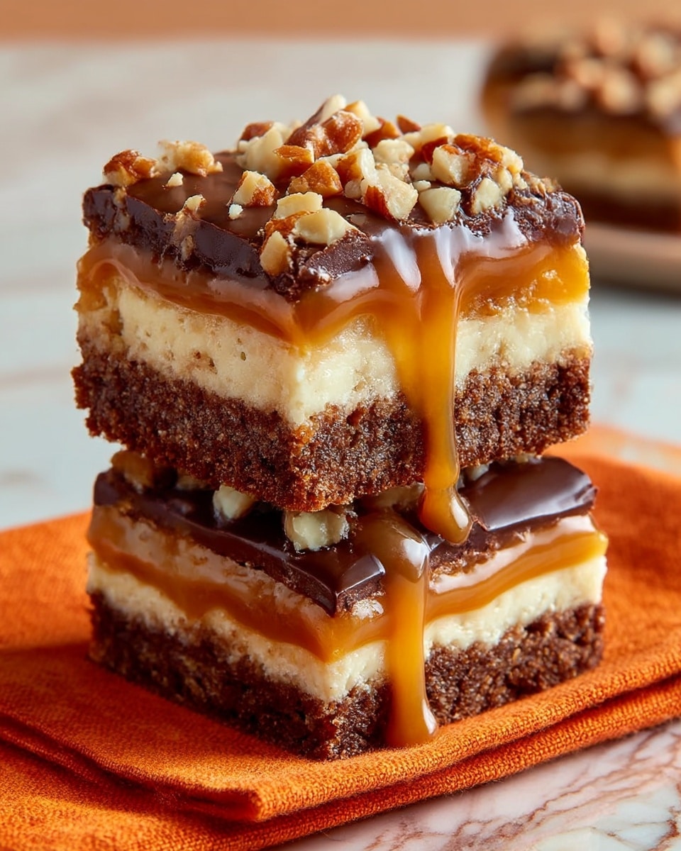 Two stacked dessert bars show four clear layers: a dark brown crumbly base at the bottom, a thick pale cream cheese layer above it, a shiny golden caramel layer that oozes down the sides, and a thick glossy dark chocolate layer topped with small nut pieces. The caramel drips down the edges, catching the light. The bars sit on an orange cloth on a white marbled surface with a soft background blur. photo taken with an iphone --ar 4:5 --v 7