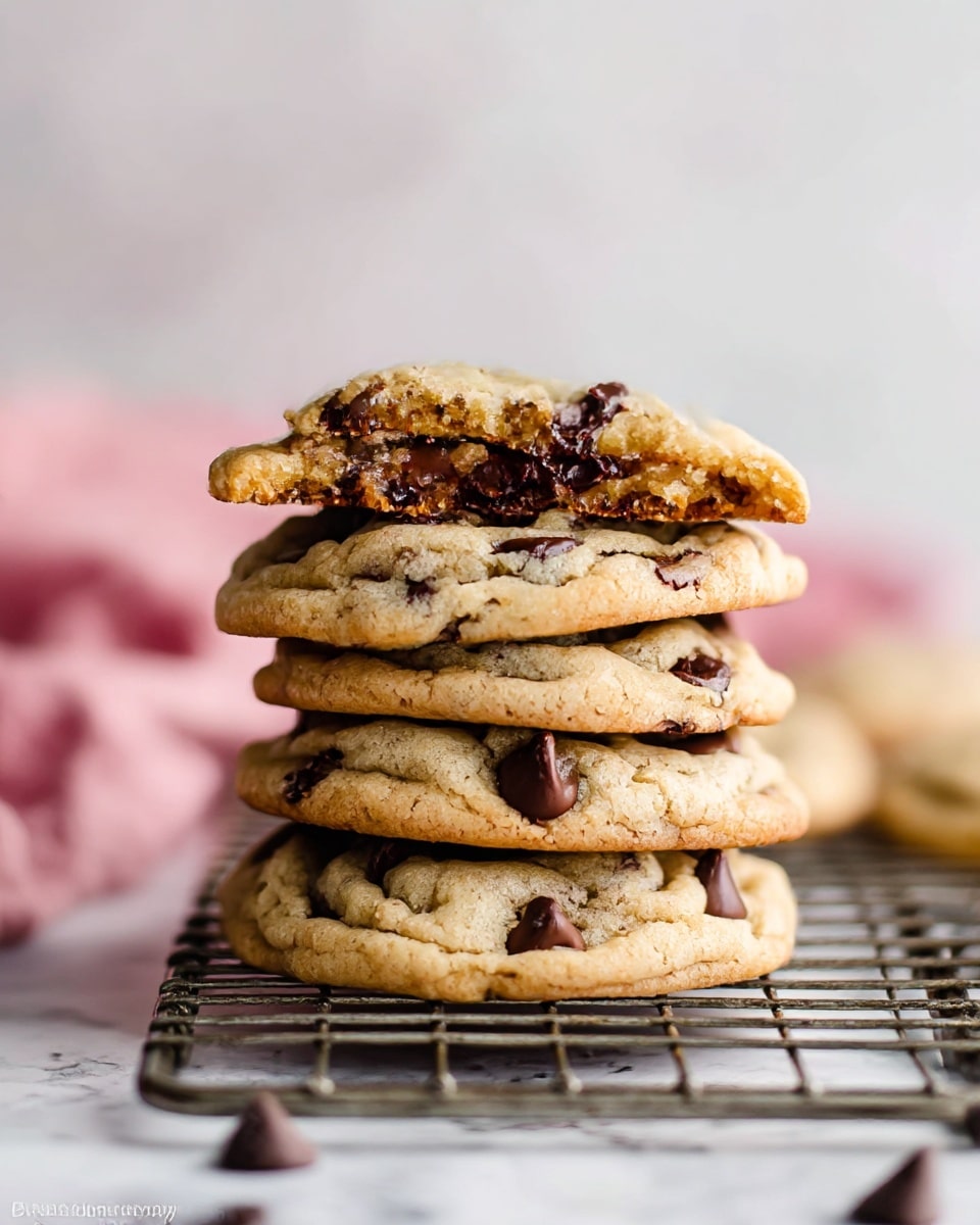 The image shows a stack of four chocolate chip cookies on a metal cooling rack. The bottom three cookies are whole, each with a golden-brown color and scattered dark chocolate chips visible on the surface. The top cookie is broken in half, revealing a soft, chewy interior with melted chocolate chips. The background has a soft focus with a white marbled texture surface underneath. A pink cloth blurred in the background adds a soft touch. Photo taken with an iphone --ar 4:5 --v 7