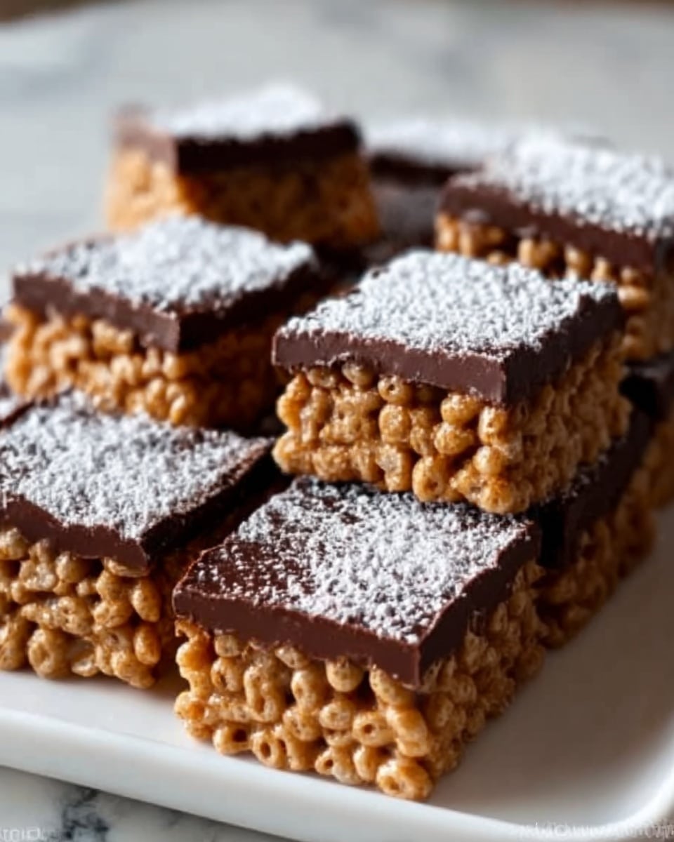 The image shows square crispy treats made from puffed rice mixed with chocolate, stacked neatly on a white tray placed on a white marbled surface. Each treat has a bottom layer of golden brown puffed rice coated in chocolate, topped with a smooth, dark chocolate layer that glistens slightly. On top of the chocolate, there is a dusting of white powdered sugar, adding a soft and light texture. The treats are arranged close to each other, highlighting their uniform size and layered look. photo taken with an iphone --ar 4:5 --v 7