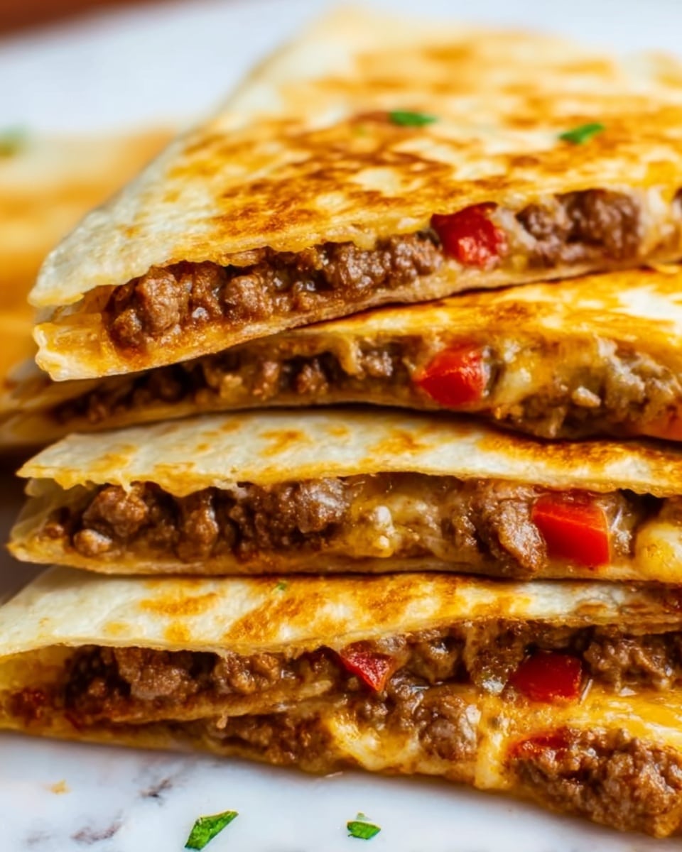 The image shows a close-up of three folded quesadilla slices stacked on top of each other on a white marbled surface. Each quesadilla has a golden-brown, slightly crispy tortilla with brown, cooked ground beef and small pieces of red pepper visible inside the layers. The layers show a mix of soft, melted cheese blending with the meat and peppers. The textures range from the crunchy outside of the tortilla to the moist, savory filling. Small green herbs are sprinkled on top for color. photo taken with an iphone --ar 4:5 --v 7