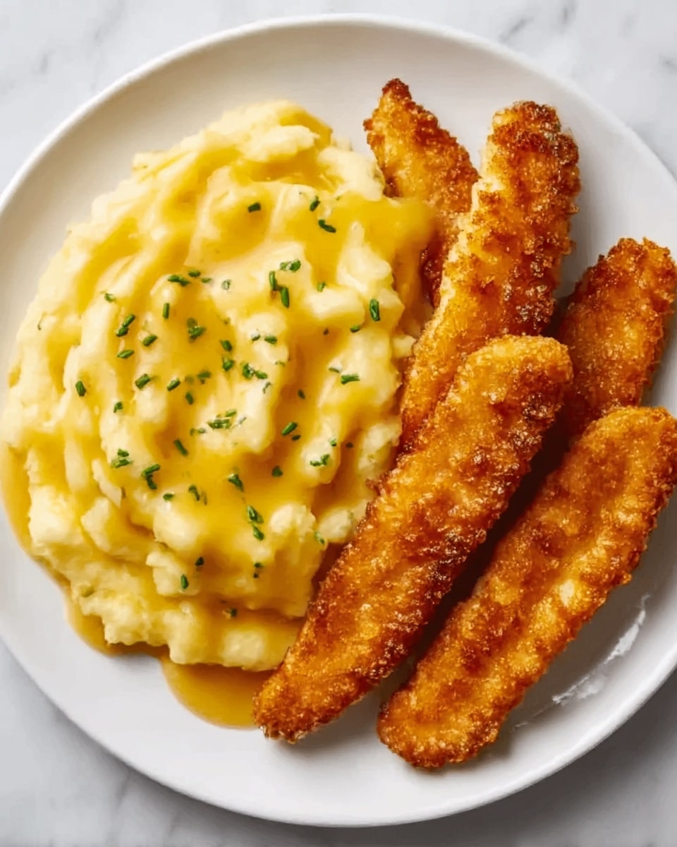 A white plate on a white marbled surface holds a serving of creamy mashed potatoes on the left side, topped with bright yellow gravy that spreads unevenly over the mashed potatoes, garnished lightly with small green herbs. On the right side, three strips of golden brown fried fish lay side by side, showing a crispy, crunchy texture with darker golden spots indicating a well-fried crust. The colors contrast between the smooth yellow mashed potatoes and the crispy golden fish, creating a clear division on the plate. photo taken with an iphone --ar 4:5 --v 7