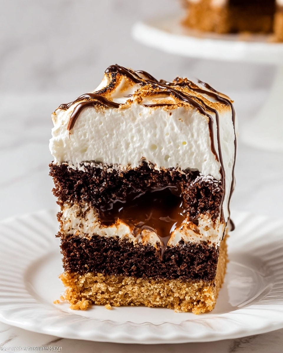 This close-up image shows a dessert slice with four distinct layers on a white plate with a fluted edge. The bottom layer is crumbly and golden brown, resembling a thick graham cracker crust. Above this is a dense, dark chocolate cake layer with a moist texture. In the middle of the chocolate cake layer, there is a melted, glossy chocolate filling that oozes slightly. On top, a thick, fluffy white cream layer covers the cake, with a toasted, lightly browned surface and crumb topping. The cream is drizzled with thin lines of chocolate sauce. The background is a white marbled texture. photo taken with an iphone --ar 4:5 --v 7