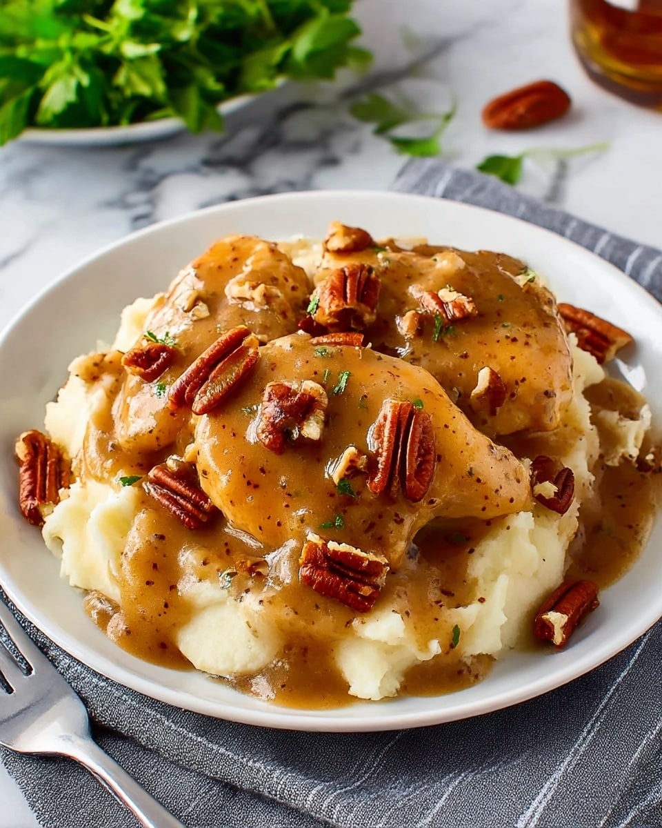 A white round plate holds a base layer of smooth, creamy mashed potatoes in a light off-white color. On top, there are three pieces of golden-brown chicken covered in a rich, thick brown gravy with visible specks of herbs and spices. Small pieces of chopped pecans are sprinkled over the chicken and gravy, adding texture and a nutty touch. In the background, there are bright green leafy garnishes, and the plate is placed on a grey striped cloth on a white marbled surface. A silver fork rests near the bottom left corner of the plate. photo taken with an iphone --ar 4:5 --v 7
