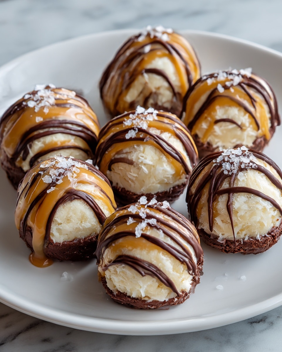 A white plate holds seven round chocolate truffles, each with a rough texture on the outer chocolate layer. On top of each truffle is a creamy white layer, textured softly, looking like coconut filling. Drizzling over both layers are two sauces: a thick, shiny caramel sauce in golden brown stripes and dark chocolate sauce in thinner lines, creating a striped pattern. There are small flakes of white sea salt scattered on top of the truffles, giving a slight sparkle. The plate sits on a white marbled surface. Photo taken with an iphone --ar 4:5 --v 7