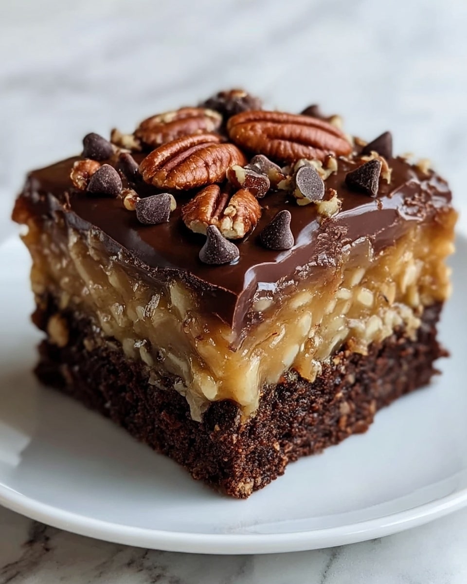 The image shows a close-up of a square layered dessert on a white plate, sitting on a white marbled surface. The bottom layer is dark brown and dense, looking like rich chocolate cake. Above that is a golden caramel layer mixed with bits of nuts, adding texture and shine. On top of the caramel layer is a thick layer of melted chocolate that spreads smoothly over the edges. Scattered on the melted chocolate are whole pecans and small dark chocolate chips, adding a mix of shapes and textures. The dessert looks moist and rich with shiny and textured layers clearly visible. Photo taken with an iphone --ar 4:5 --v 7