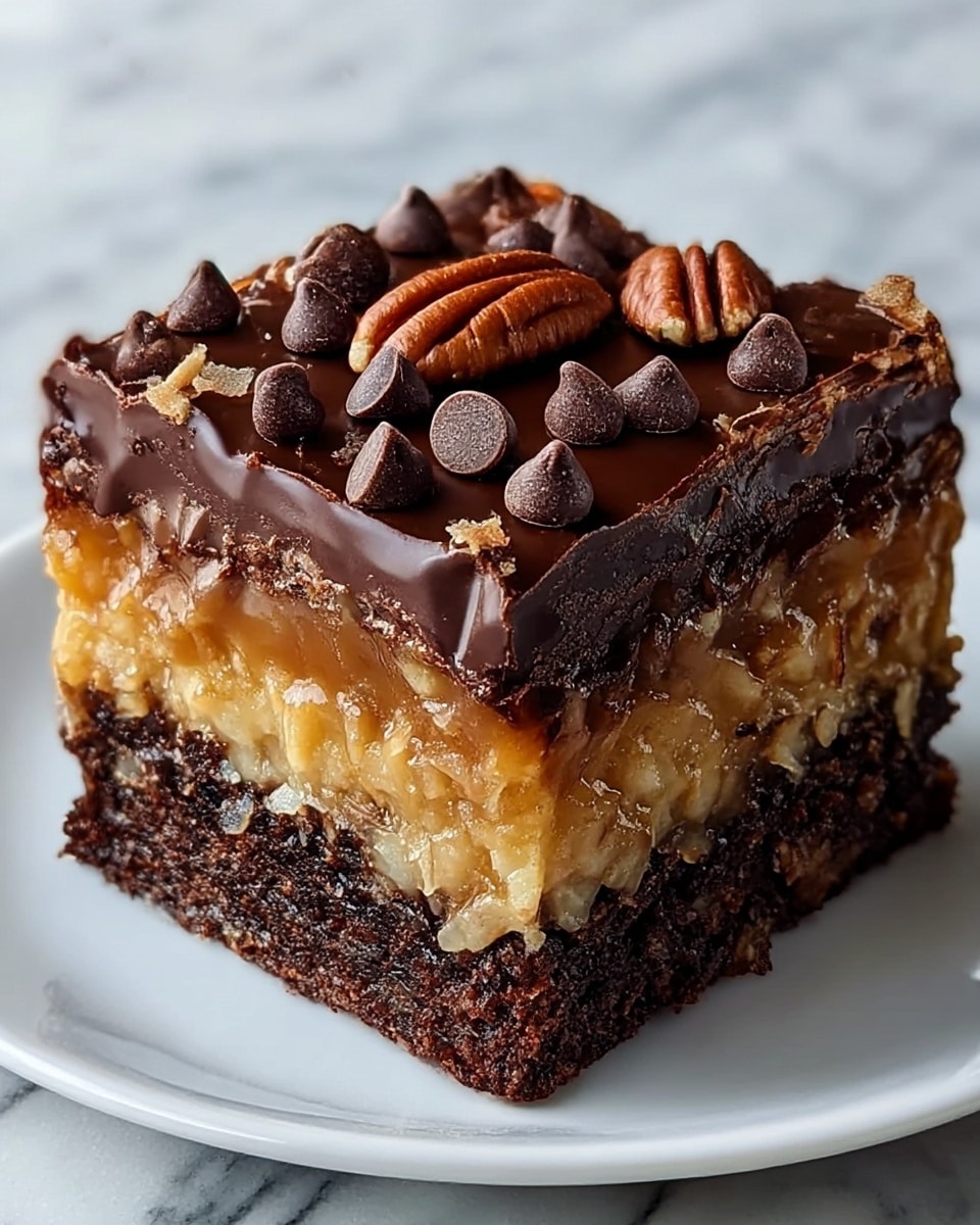 A rich dessert square with three distinct layers is shown on a white plate, sitting on a white marbled surface. The bottom layer is a dark, moist chocolate brownie with a dense texture. Above this is a thick, golden caramel layer mixed with toasted coconut flakes, giving it a rough and chewy look. The top layer is dark melted chocolate, glossy and smooth, spread evenly, and garnished with whole pecans and scattered small round chocolate chips. The dessert looks thick, gooey, and very indulgent. photo taken with an iphone --ar 4:5 --v 7