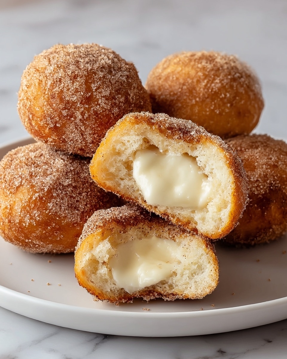 The image shows four round doughnut balls on a white plate, each covered in a light brown cinnamon sugar coating with a slightly rough texture. One doughnut ball is broken open on top, revealing a fluffy, soft white dough inside and a gooey, creamy white filling in the center. The doughnuts have a warm golden brown color on the outside, and the plate sits on a white marbled surface. photo taken with an iphone --ar 4:5 --v 7