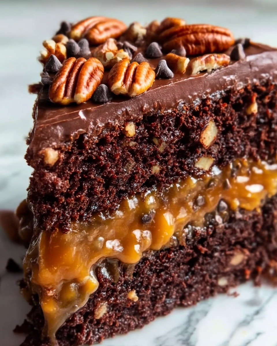 A close-up image of a thick slice of chocolate cake with three distinct layers. The top and bottom layers are dark brown and moist with a slightly crumbly texture. Between the two cake layers is a thick layer of smooth, glossy caramel that appears rich and sticky. The cake is topped with a smooth, dark chocolate frosting sprinkled with whole pecans and small chocolate chips, arranged in clusters. The slice is set against a white marbled surface. Photo taken with an iphone --ar 4:5 --v 7