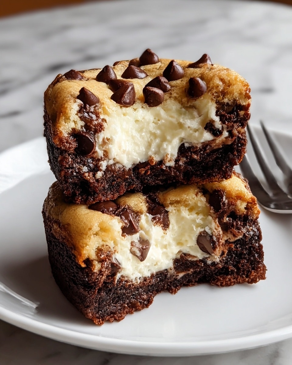 A close-up view of a dessert with three layers: the bottom layer is dark, moist chocolate cookie dough, the middle layer is creamy white cheesecake filling, and the top layer is golden brown cookie dough with melted dark chocolate chips scattered across it. The dessert is cut into three pieces, arranged on a white plate with a fork visible in the background, all placed on a white marbled surface. The texture looks soft and gooey, especially the cheesecake layer in the middle. Photo taken with an iphone --ar 4:5 --v 7