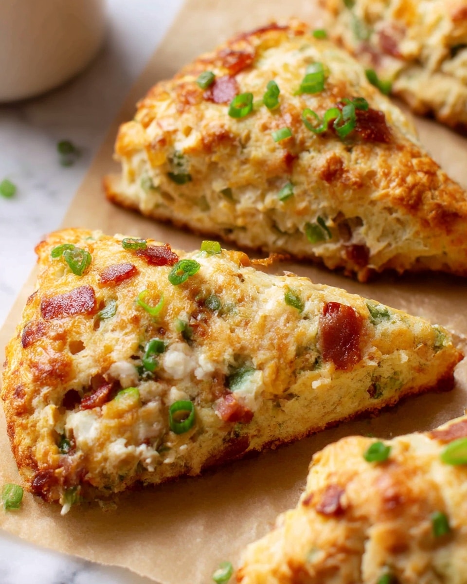 The image shows a close-up of a golden-brown scone cut into a triangle shape, with a crumbly and textured crust that is light golden with darker baked spots. The scone has visible layers inside with white, soft dough mixed with small pieces of green scallions and red bits of bacon. The top surface is uneven with a slightly crisp look, sprinkled with more green scallions, adding a fresh pop of color. The scones are placed on light brown parchment paper resting on a white marbled surface. Photo taken with an iphone --ar 4:5 --v 7