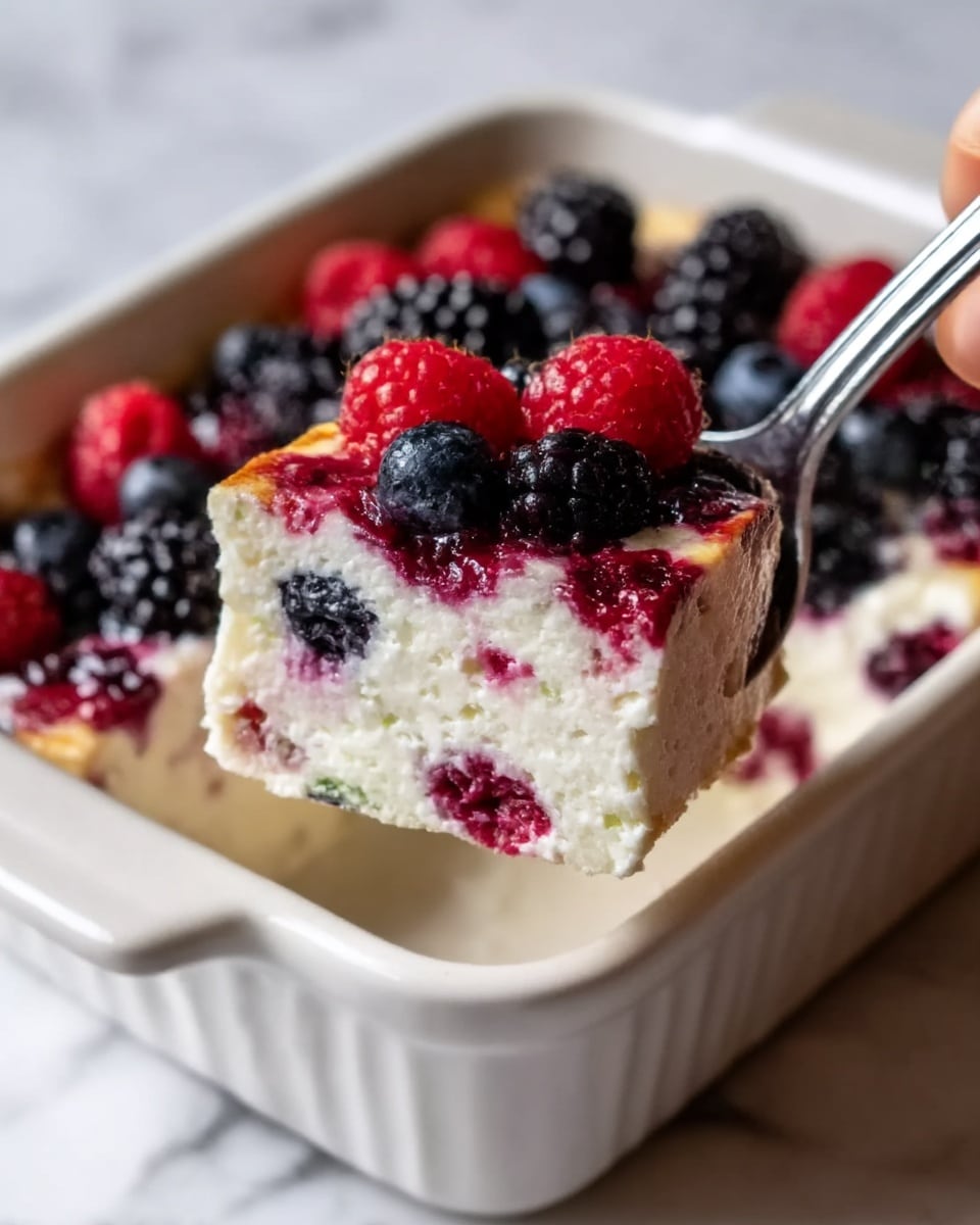 The image shows a close-up view of a square white ceramic dish filled with a creamy, white cheesecake topped with a mix of fresh berries including blackberries, raspberries, and blueberries. The cheesecake has one layer of thick, smooth white filling with visible seeds and pieces of berry inside, creating spots of red and black within the creamy texture. On top, there is a colorful, glossy layer of assorted berries pushing slightly into the creamy layer below. A woman's hand holds a metal spoon scooping a square piece from the corner of the dish, revealing more berries inside the slice. The background surface is a white marbled texture. Photo taken with an iphone --ar 4:5 --v 7