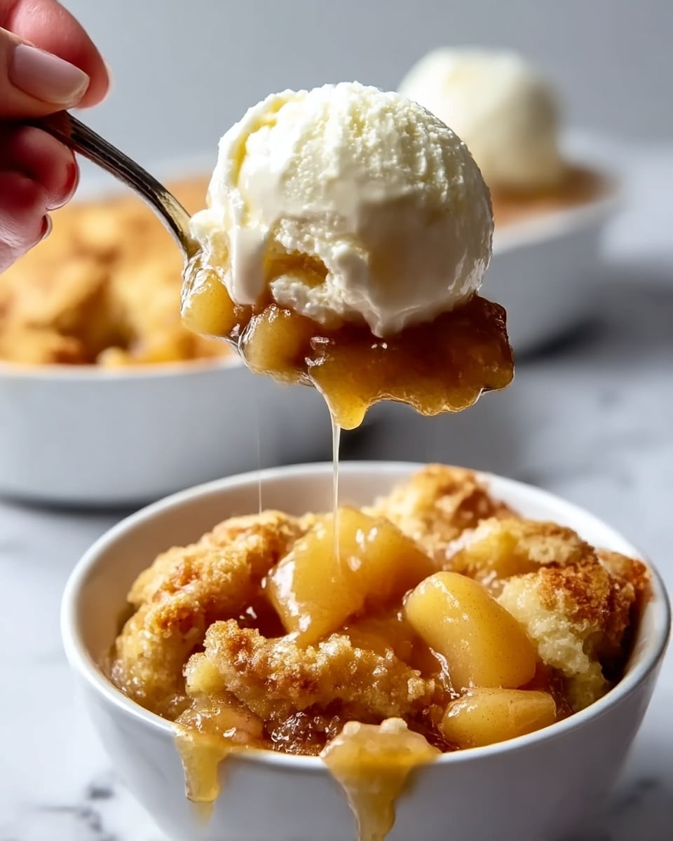 The image shows a white bowl filled with a golden-brown baked dish that looks soft and crumbly on top. Inside, there are visible chunks of warm, shiny cooked apples in a syrupy sauce that drips as a spoon lifts a portion from the bowl. On top of the baked apple mixture is a scoop of smooth white ice cream beginning to melt, with cream dripping down the edges. In the background, there is a blurred second bowl on a white marbled surface. A woman's hand holds the spoon, lifting the dessert above the bowl. photo taken with an iphone --ar 4:5 --v 7