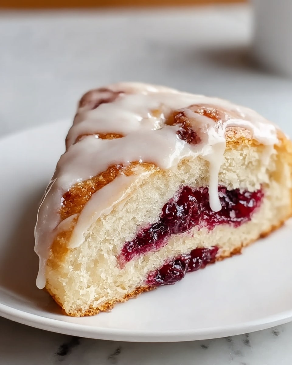 The image shows a close-up of a triangular slice of a soft, fluffy pastry on a white plate, placed on a white marbled surface. The pastry has a light golden brown crust with a slightly crunchy texture, topped with a smooth layer of white icing that gently drips down the sides. Inside, the pastry reveals two visible layers of juicy, dark red berry filling, which contrasts with the soft, pale, airy dough. The berry filling appears moist and slightly glossy, adding vibrant color to the slice. Photo taken with an iphone --ar 4:5 --v 7